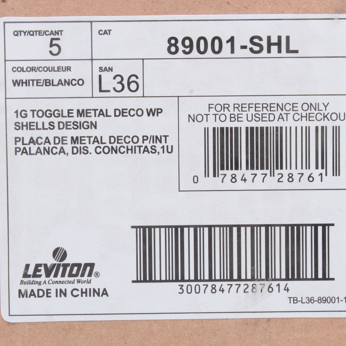 Leviton 89001-SHL Seashells 1-Gang Toggle Metal Oversize Wallplate Cover 5-pack