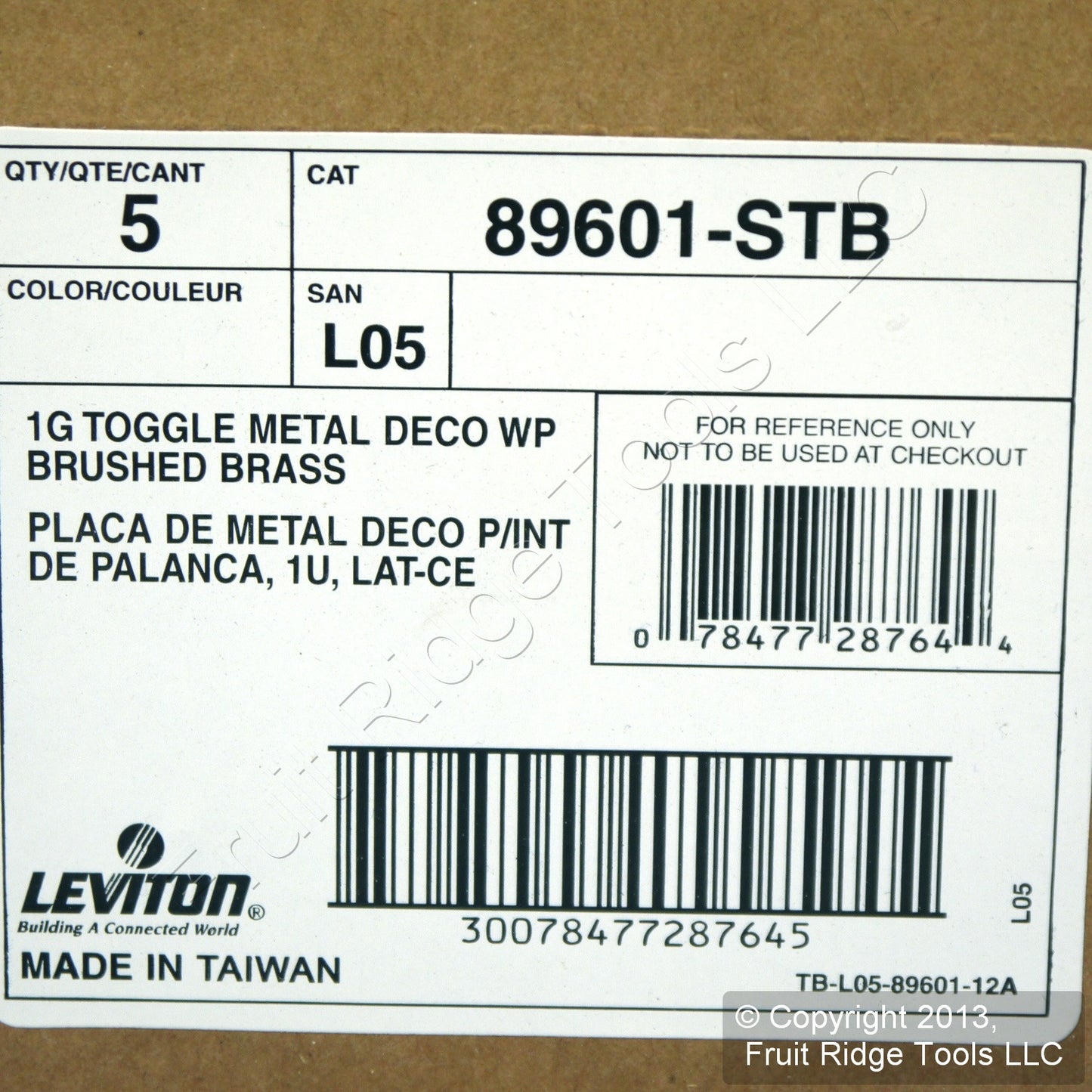 Leviton 89601-STB Brushed Brass 1-Gang Toggle Metal Oversize Wallplate Cover 5pc