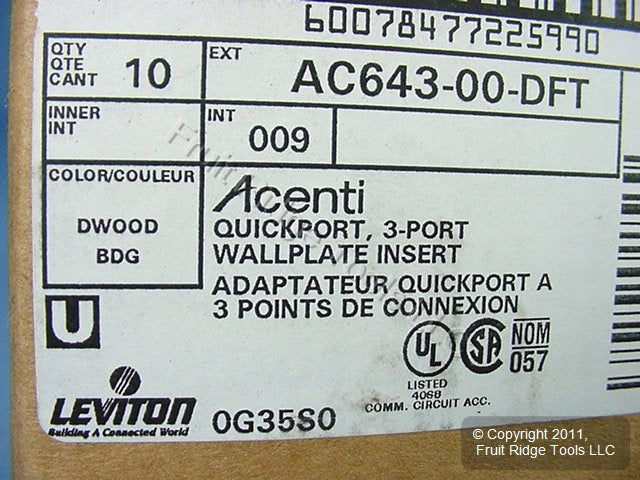 Leviton Acenti AC643-DFT Driftwood 3-Port Quickport Decora Wallplate Insert 10pc
