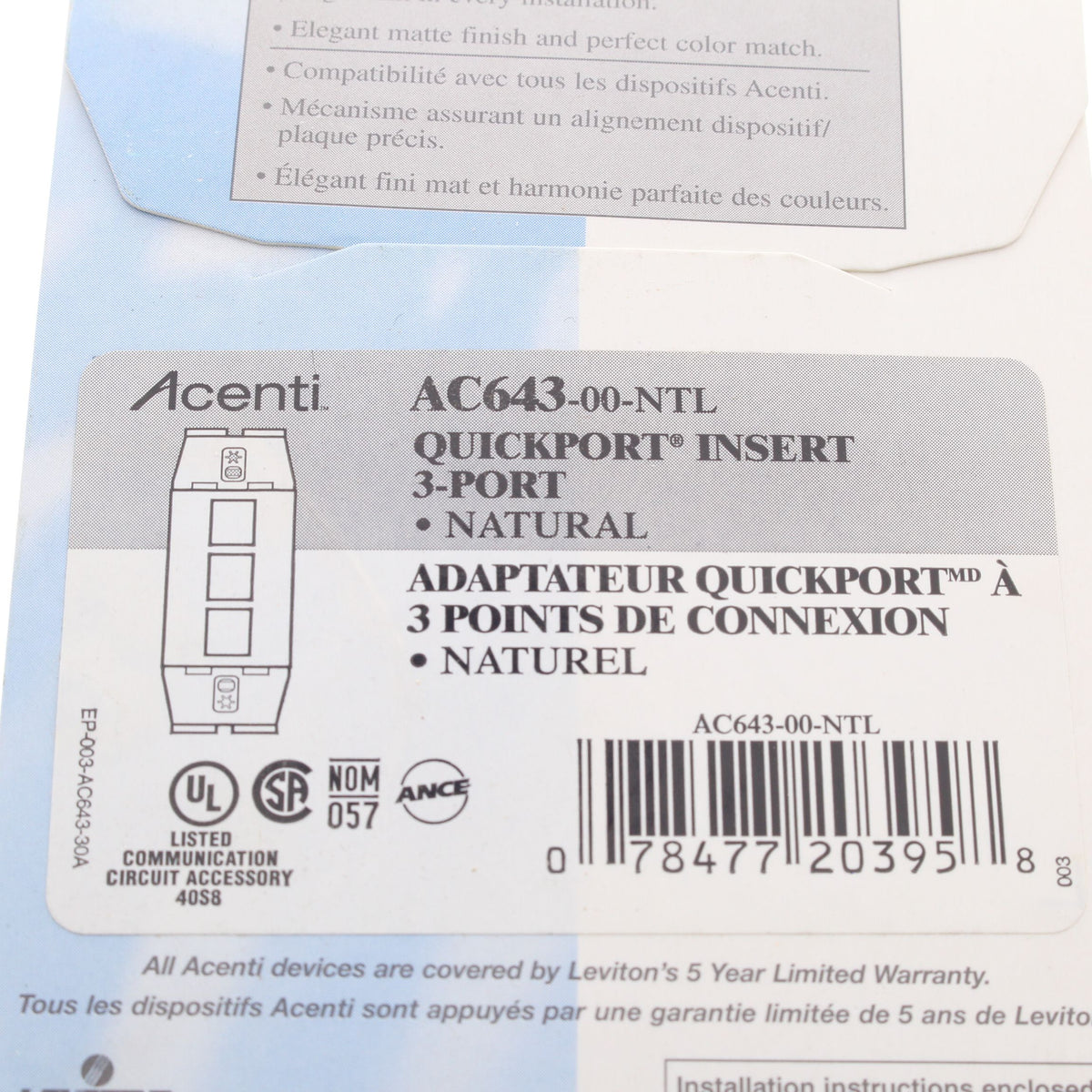 Leviton AC643-NTL Natural Acenti Quickport 1-Gang 3-Port Nylon Wallplate Insert