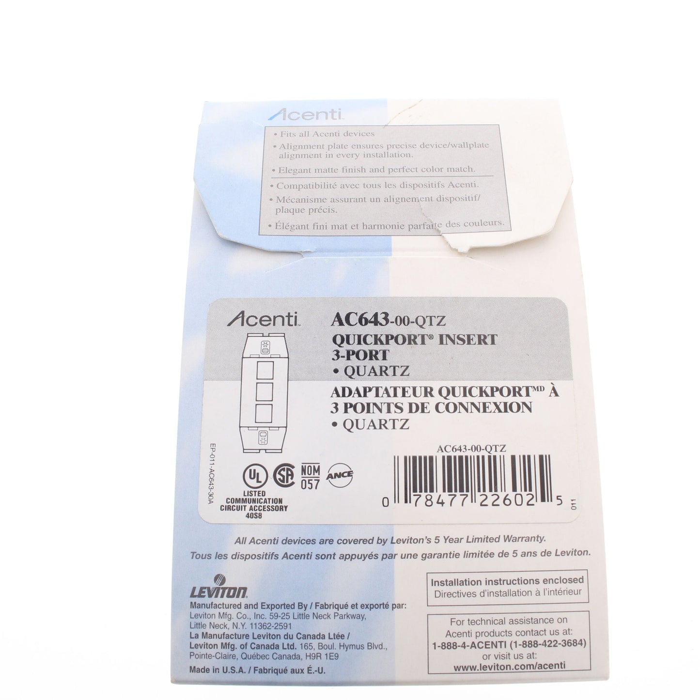 Leviton AC643-QTZ Quartz Acenti Quickport 1-Gang 3-Port Nylon Wallplate Insert