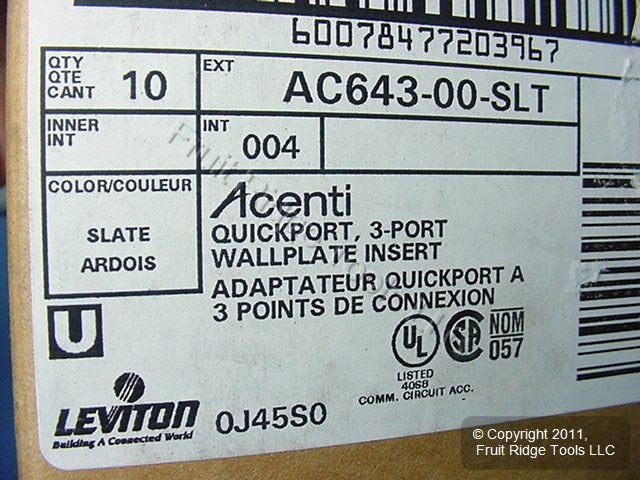 10 Leviton Quickport Slate Gray Acenti 3Port Polymer Wallplate Inserts AC643-SLT