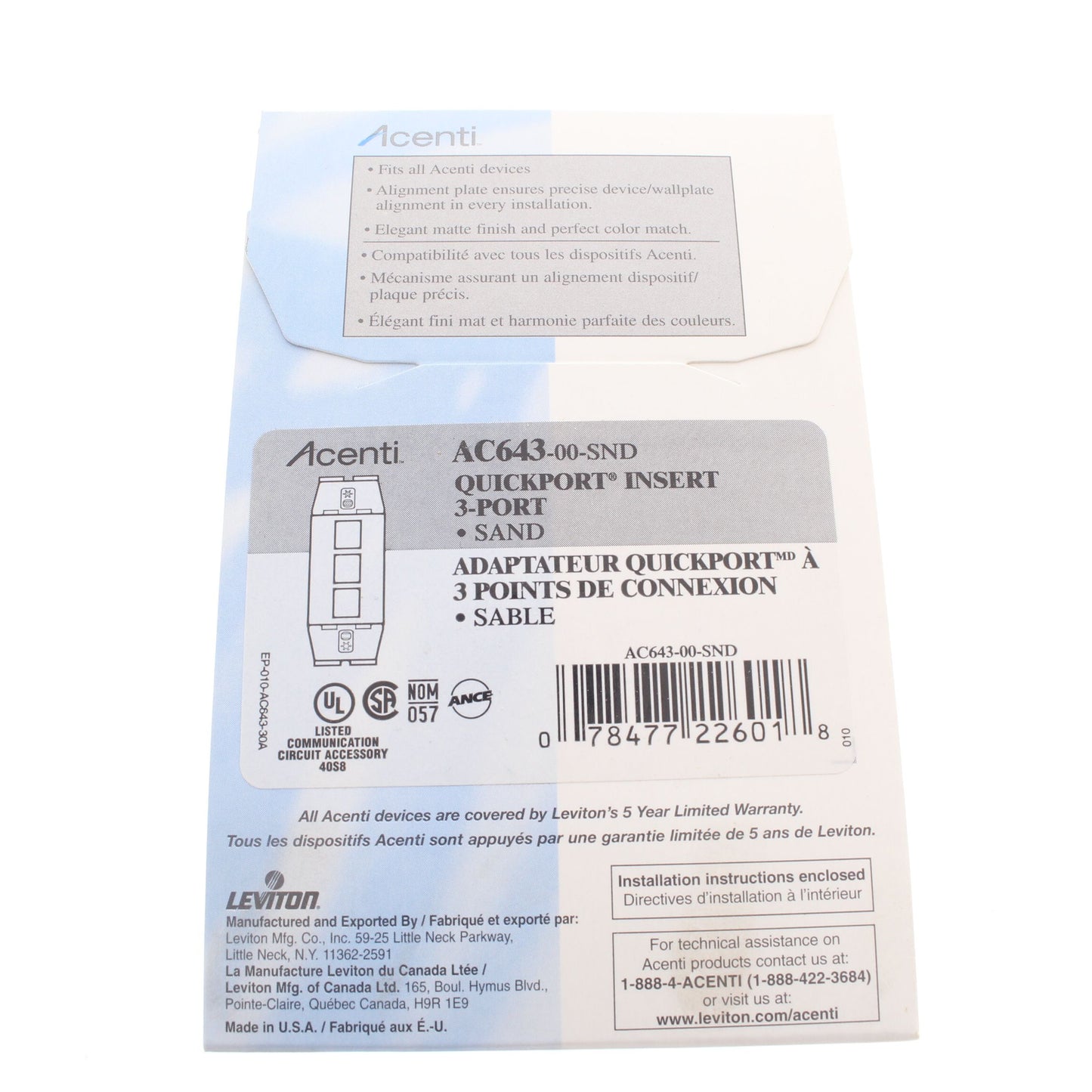 Leviton AC643-SND Sand Acenti Quickport 1-Gang 3-Port Wallplate Insert Cover