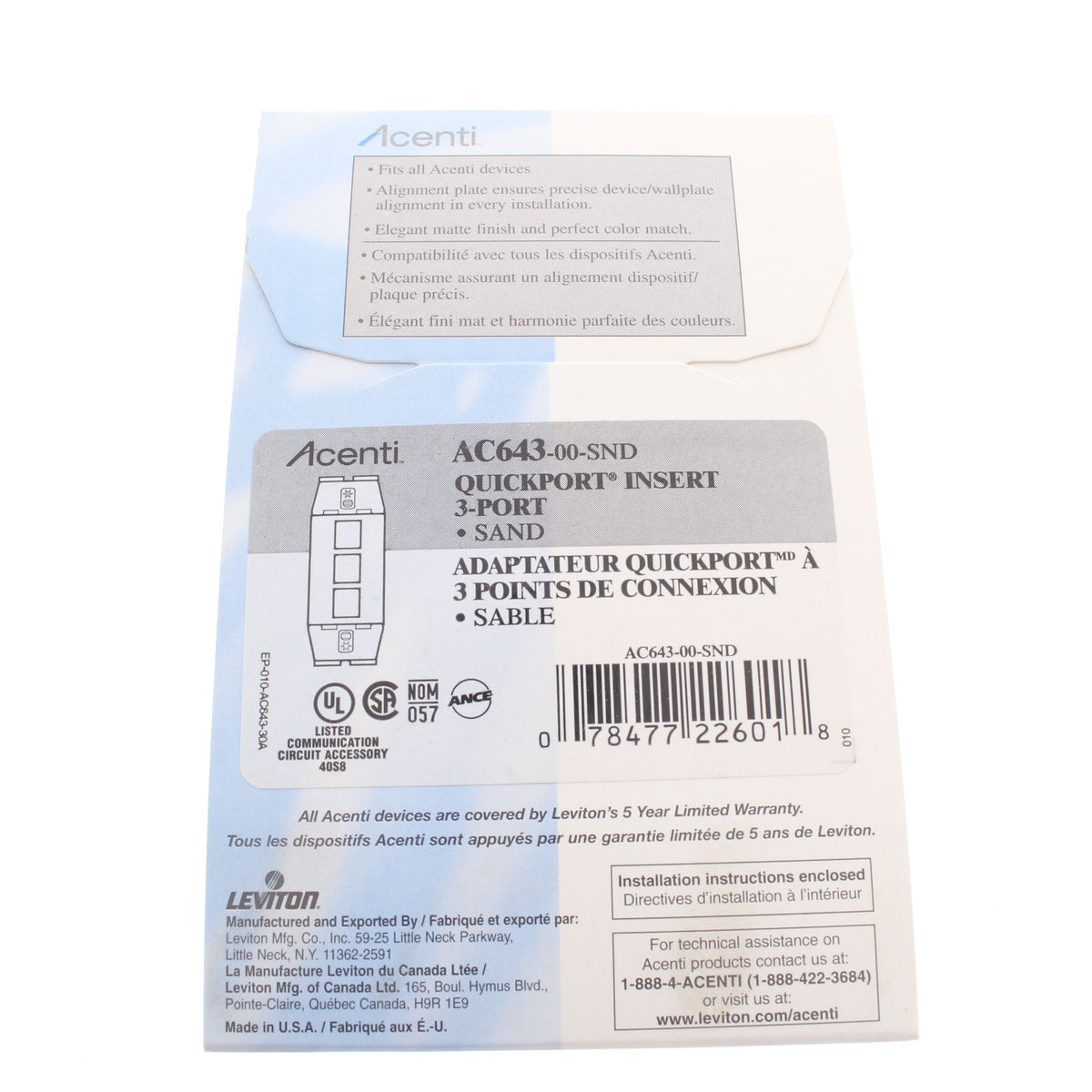 Leviton AC643-SND Sand Acenti Quickport 1-Gang 3-Port Wallplate Insert Cover