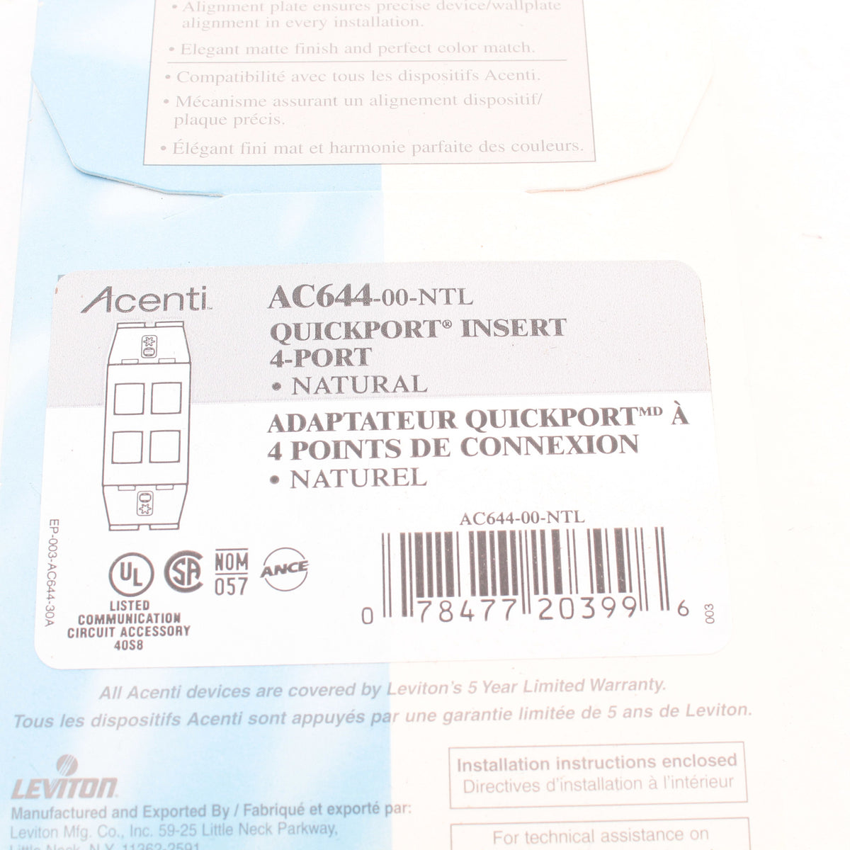 Leviton AC644-NTL Natural Quickport Acenti 1Gang 4-Port Polymer Wallplate Insert