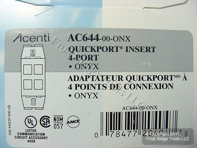 Leviton Quickport Onyx Black Acenti 1G 4-Port Polymer Wallplate Insert AC644-ONX