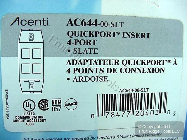 Leviton Slate Gray Quickport Acenti 1G 4-Port Polymer Wallplate Insert AC644-SLT