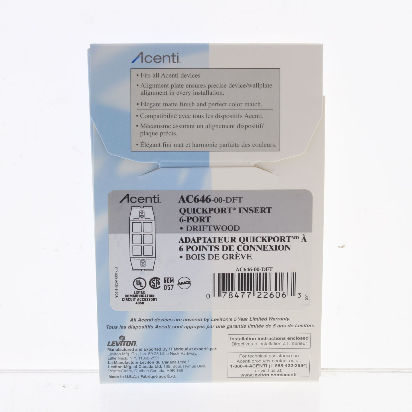 Leviton AC646-DFT Quickport Driftwood Acenti 6-Port Polymer Wallplate Insert