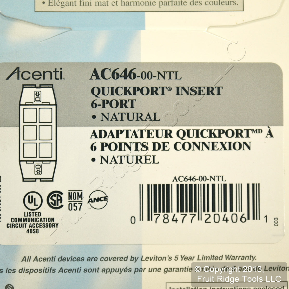 Leviton AC646-NTL Natural Acenti 1-Gang 6-Port Wallplate Cover Insert Quickport