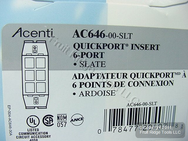 Leviton Quickport Slate Gray Acenti 1G 6-Port Polymer Wallplate Insert AC646-SLT