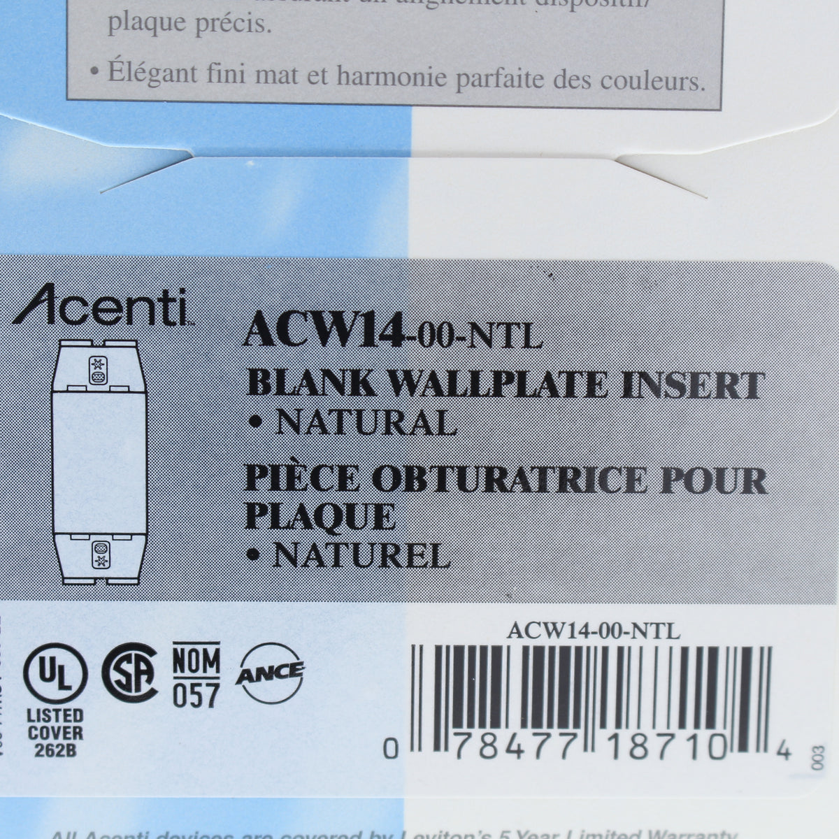 Leviton ACW14-NTL Natural 1-Gang Acenti Blank Polymer Wallplate Cover Insert