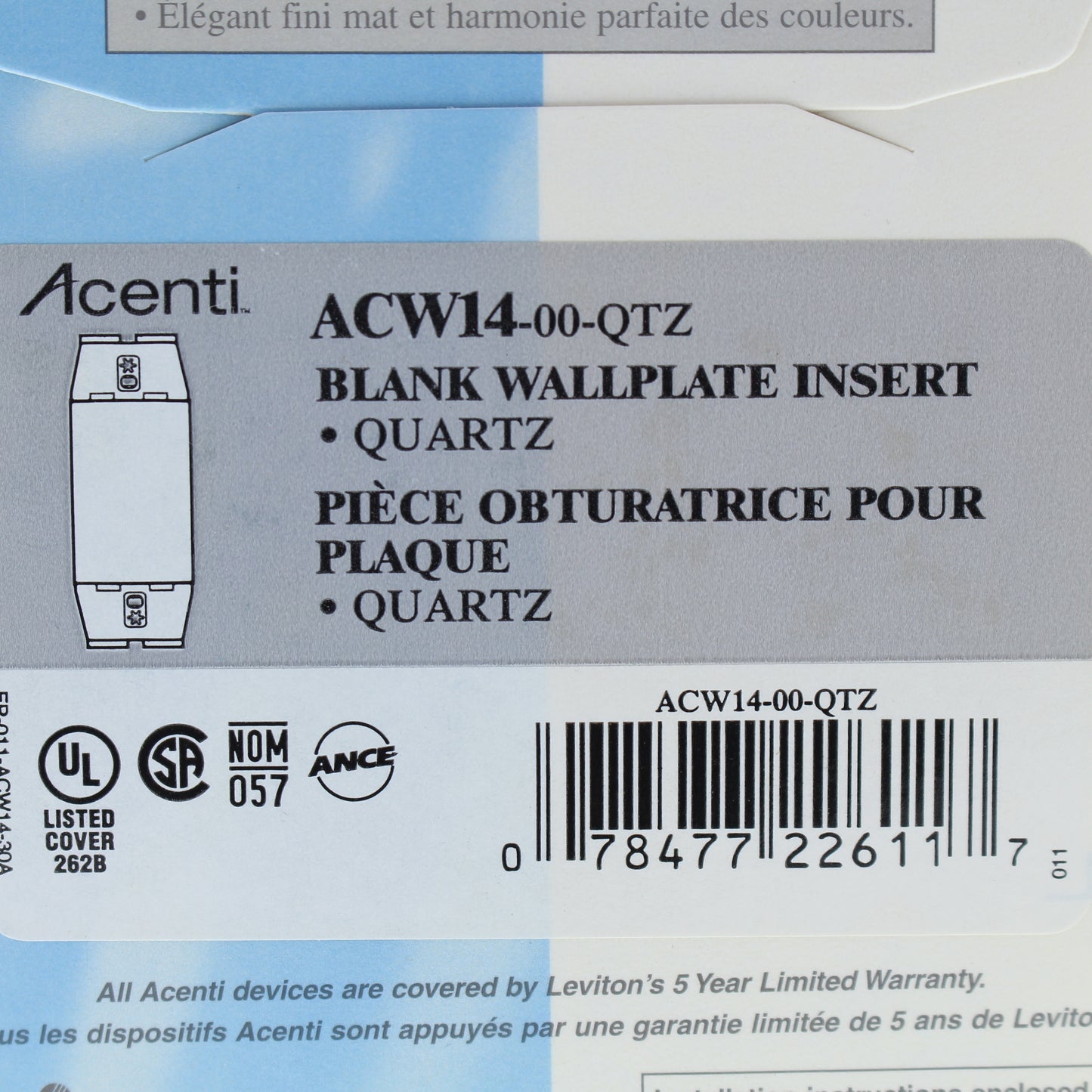 Leviton ACW14-QTZ Quartz 1-Gang Blank Acenti Polymer Wallplate Cover Insert