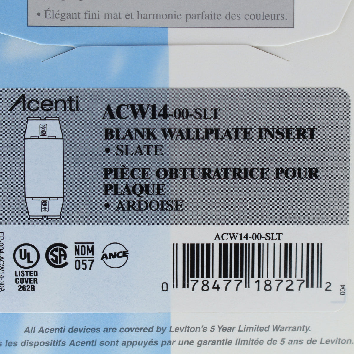 Leviton ACW14-SLT Slate 1-Gang Blank Acenti Plastic Wallplate Cover Insert