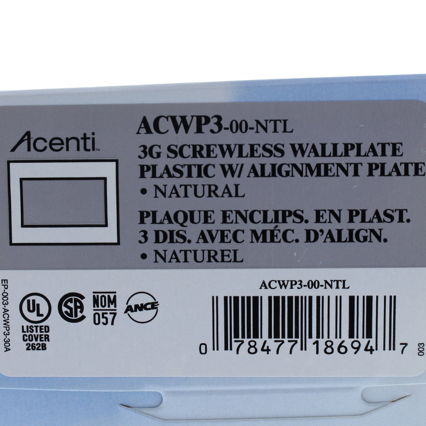 Leviton ACWP3-NTL Natural 3-Gang Acenti Screwless Wallplate with Alignment Cover