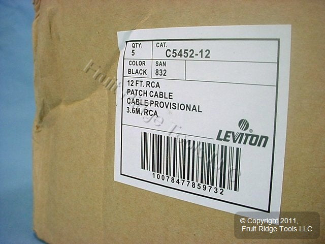 5 Leviton Black 12 Ft RCA Audio Speaker Cables Shielded C5452-12