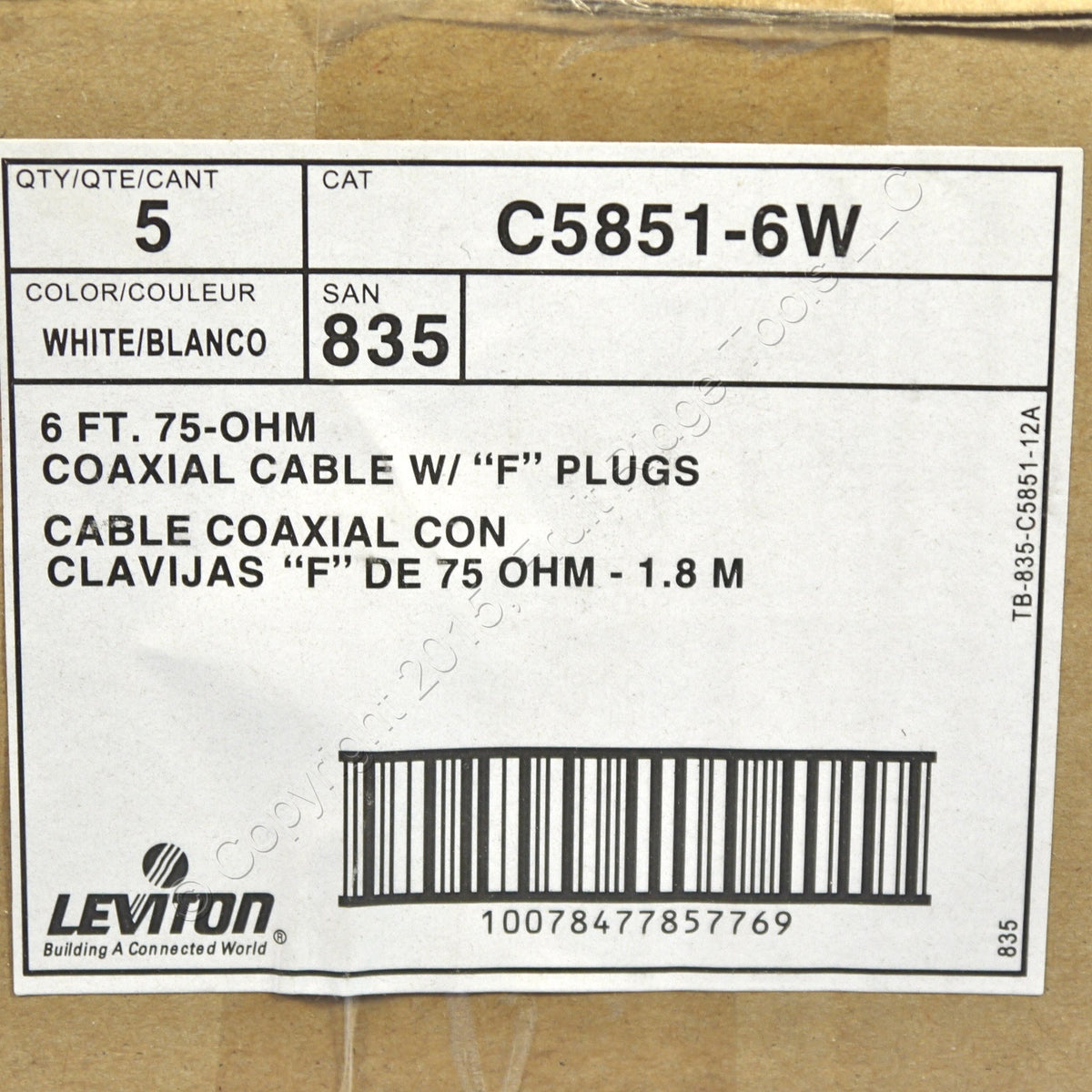 5 Leviton White 6' Coaxial Video Cables F-Type RG59 C5851-6W