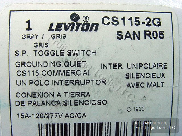 Leviton CS115-2G Gray Commercial Grade 15A Toggle Wall Light Switch Boxed