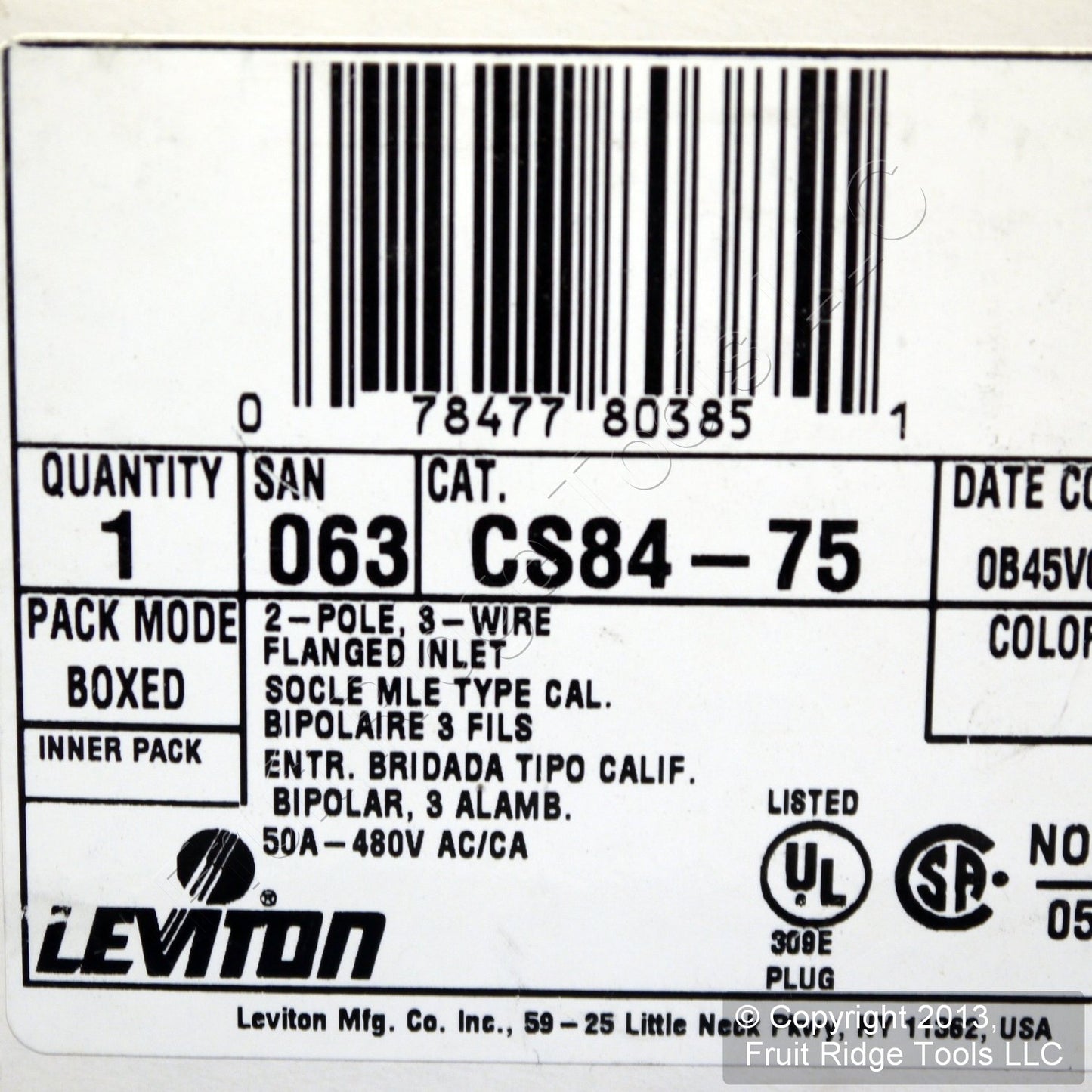 Leviton CS84-75 California Non-NEMA Twist Locking Flanged Inlet Plug 50A 480V