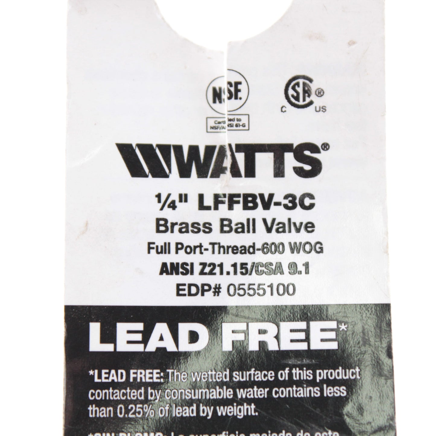 Watts LFFBV-3C 1/4 Inch Npt Brass Ball Valve Full Port Turn Lead Free