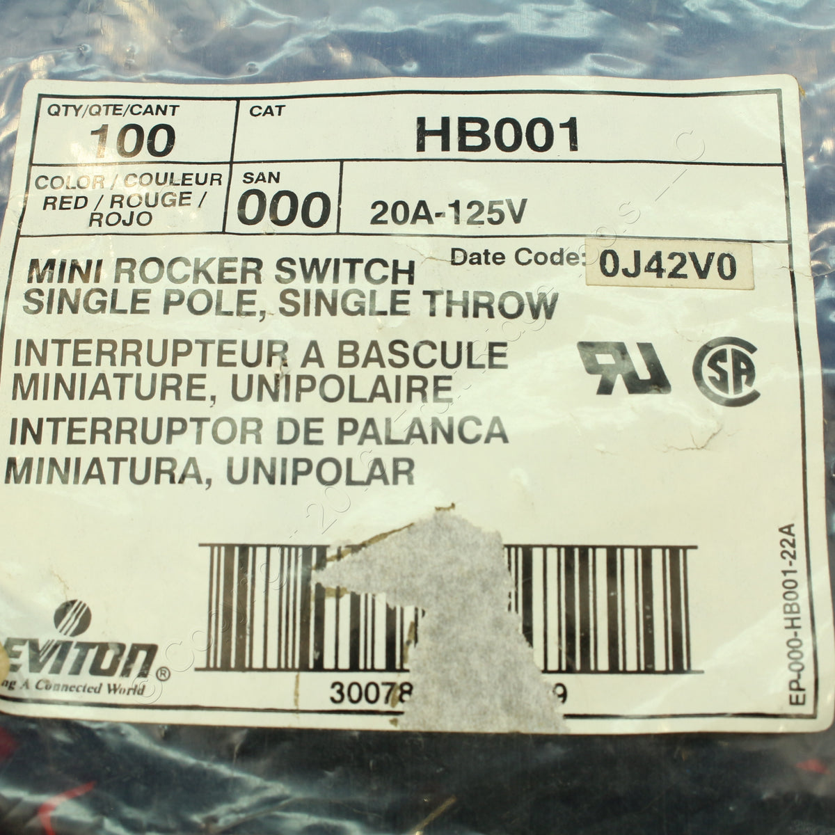 Leviton HB001-1 Black SPST w/ Red Snap-In Mini Rocker Switches On/Off 20A 100pcs