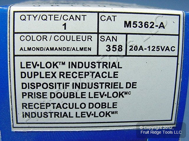 Leviton Almond LEV-LOK Industrial Receptacle Duplex Outlet 20A M5362-A