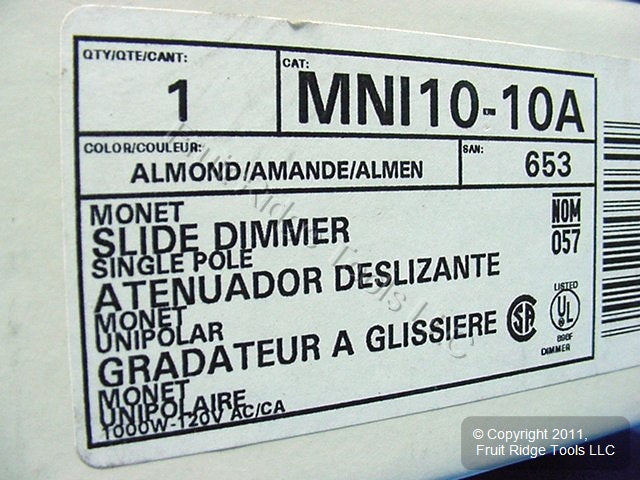 Leviton MNI10-10A Almond Monet Slide Dimmer Switch 1000W Incandescent