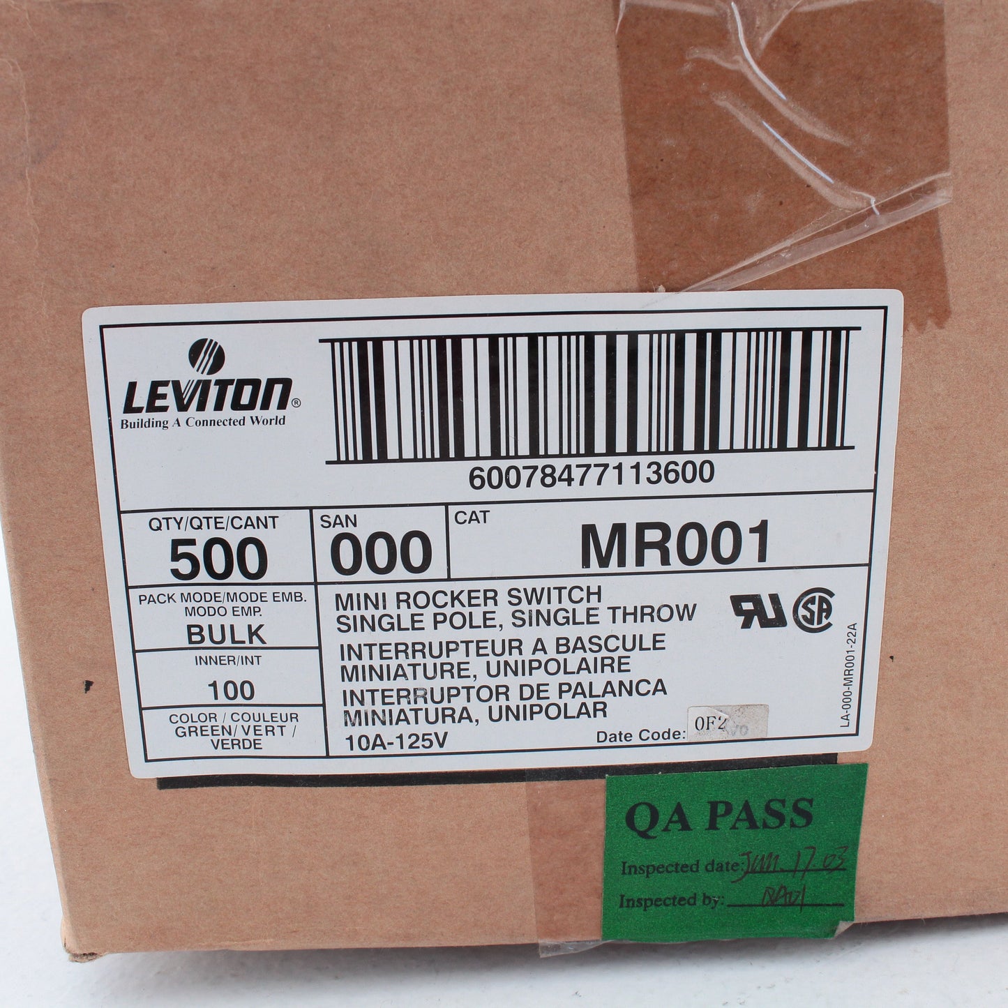 Leviton MR001 Green Pilot Light Illuminated Mini Rocker Panel Switch Micro 500pk