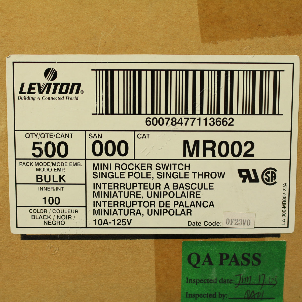 Leviton MR002 Black All- Snap-In Mini Rocker Panel Switch On/Off 10A Micro 500pc