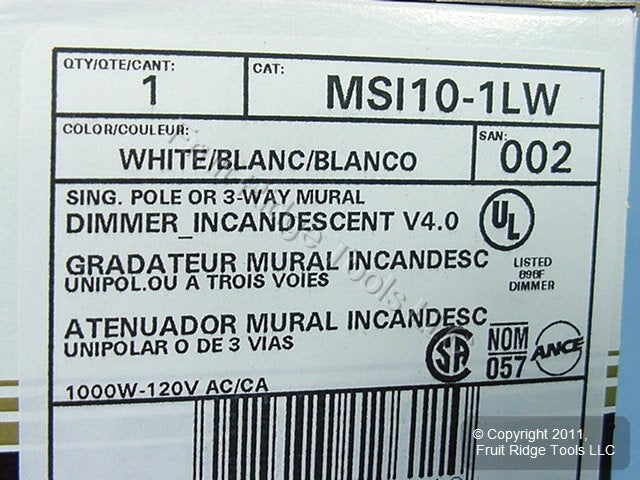 Leviton MSI10-1LW White Mural Dimmer Switch Multi-Way 1000W
