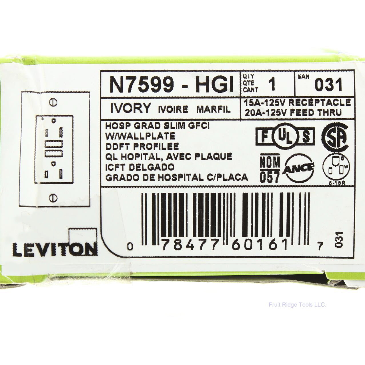 Leviton N7599-HGI Ivory Hospital Grade Slim GFCI Wallplate 15A-125V Receptacle