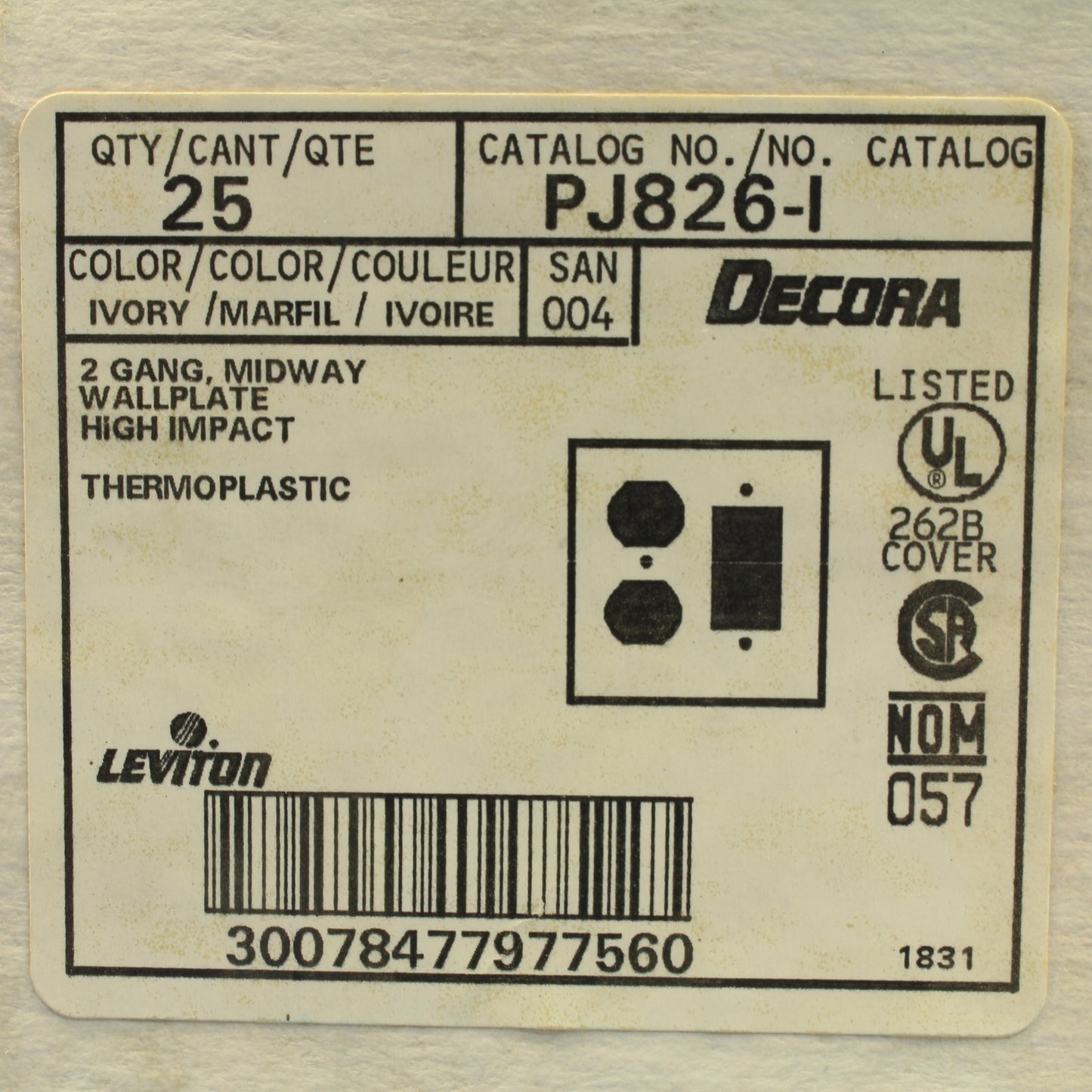 Leviton PJ826-I Ivory 2-Gang Duplex Decora Unbreakable Midway Wallplates 25pcs