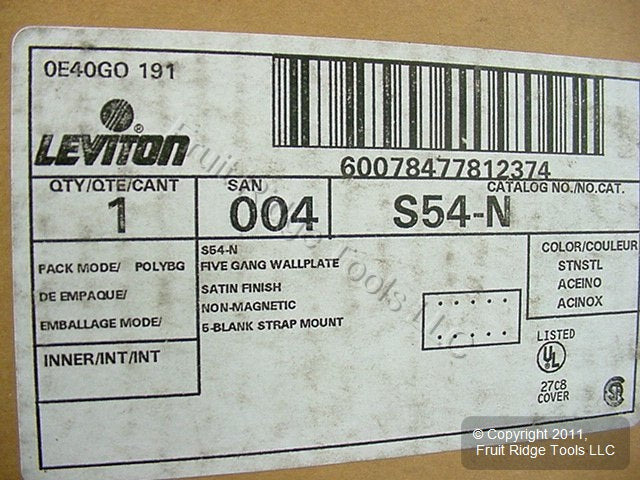 Leviton 5-Gang Non-Mag Stainless Steel Blank Wallplate Cover Strap Mount S54-N