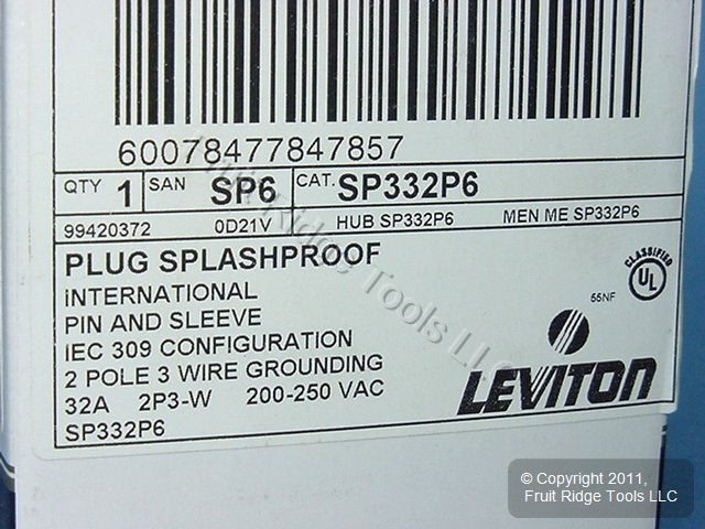Leviton CEWE Pin & Sleeve Splashproof Plug 32A 250V SP332P6