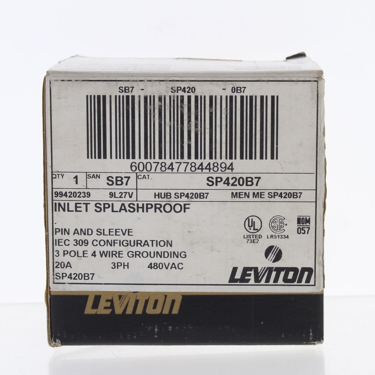 Leviton Pin & Sleeve Splashproof Plug Inlet 20A 480VAC 3� SP420B7