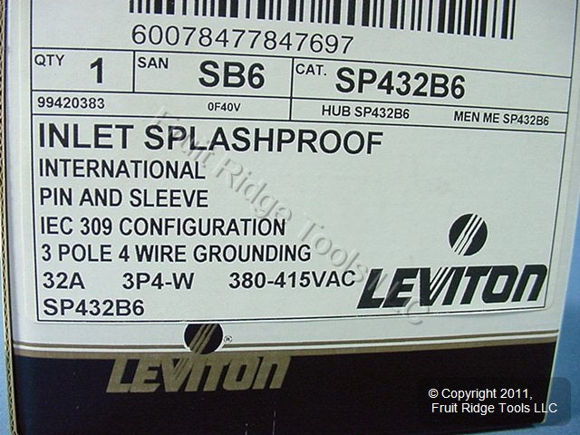 Leviton Pin & Sleeve Splashproof Plug Inlet 32A 380/415VAC SP432B6