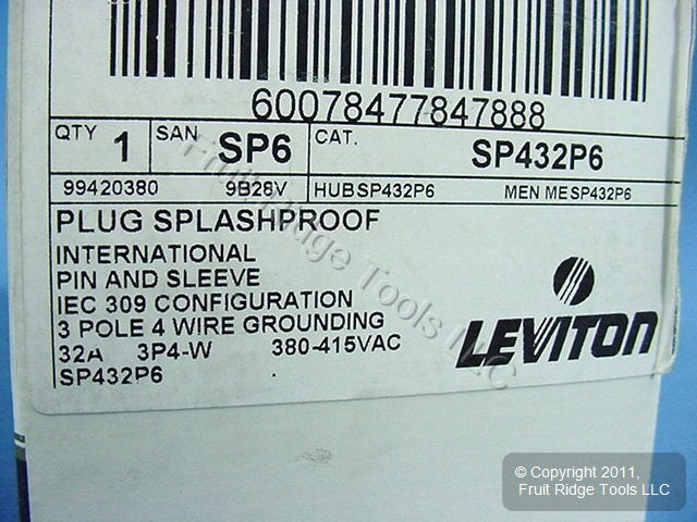 Leviton Industrial Grade Pin & Sleeve Splashproof Plug 32A 380/415V SP432P6