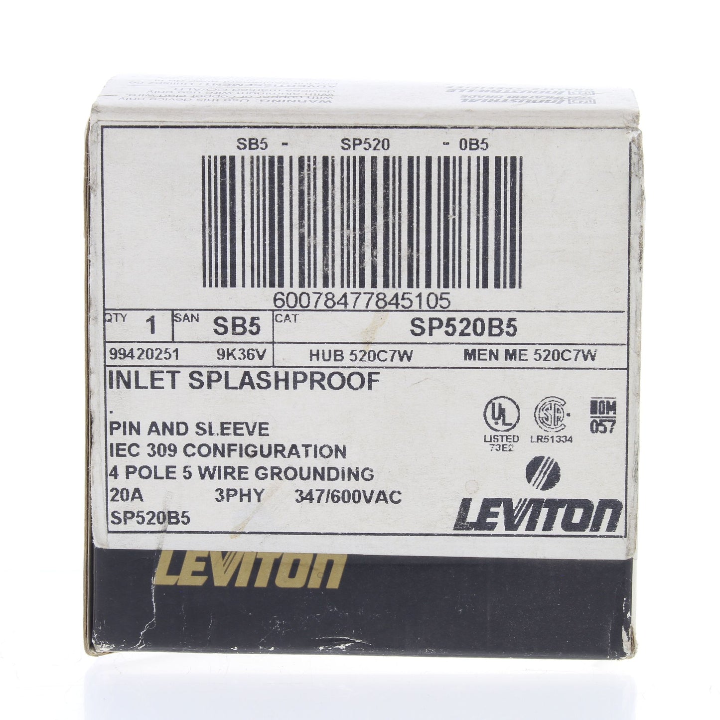 Leviton Pin & Sleeve Splashproof Plug Inlet 20A 347/600VAC 3ØY SP520B5