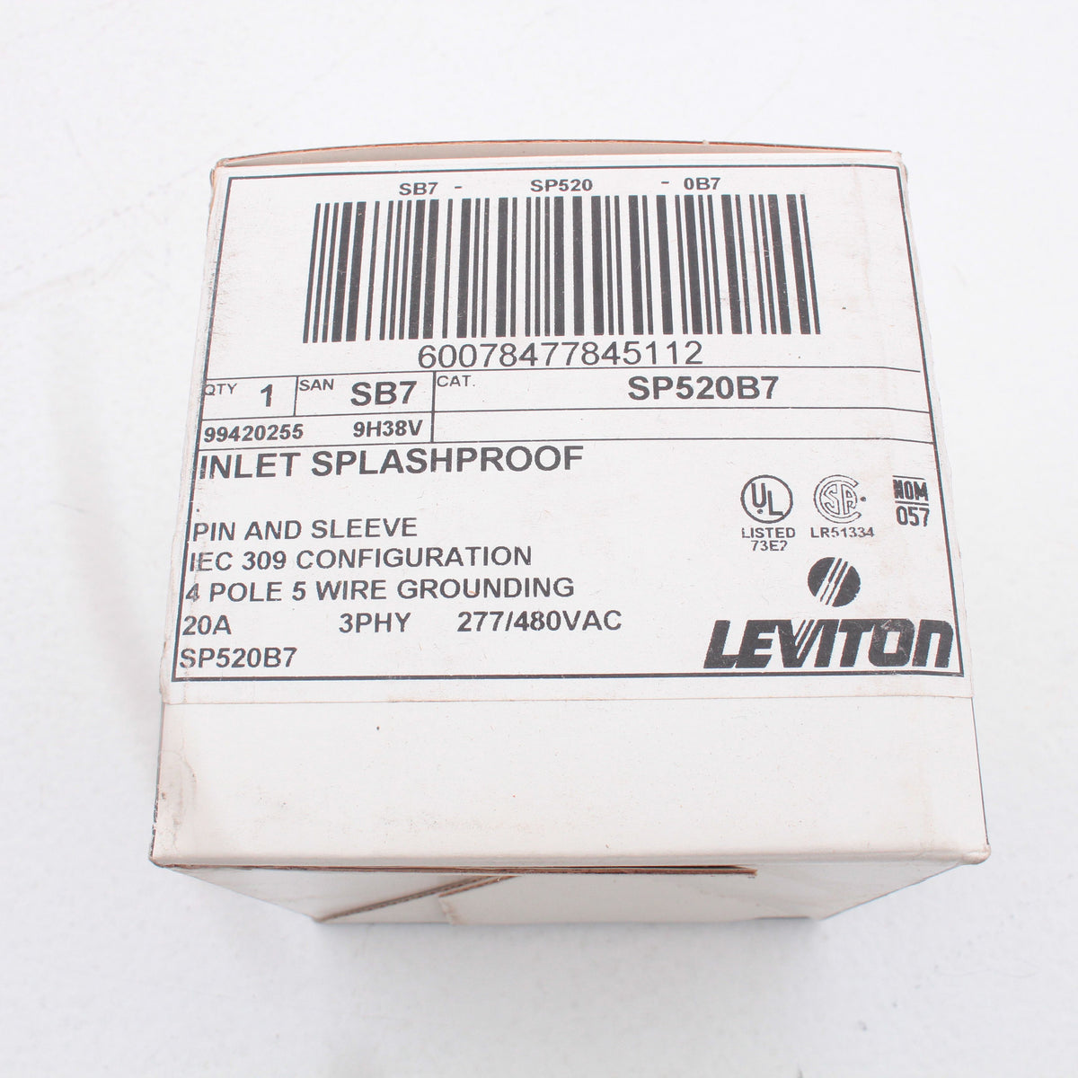 Leviton Pin & Sleeve Splashproof Plug Inlet 20A 277/480VAC 3ØY SP520B7