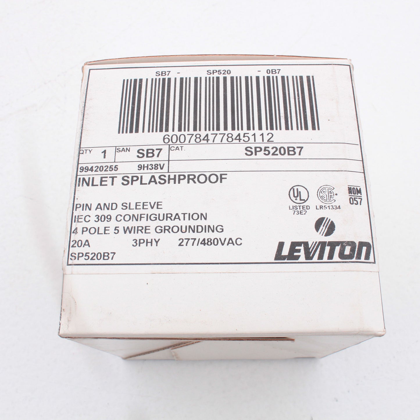 Leviton Pin & Sleeve Splashproof Plug Inlet 20A 277/480VAC 3�Y SP520B7