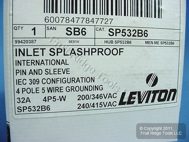 Leviton Pin & Sleeve Splashproof Plug Inlet 32A 220/380-240/415 SP532B6
