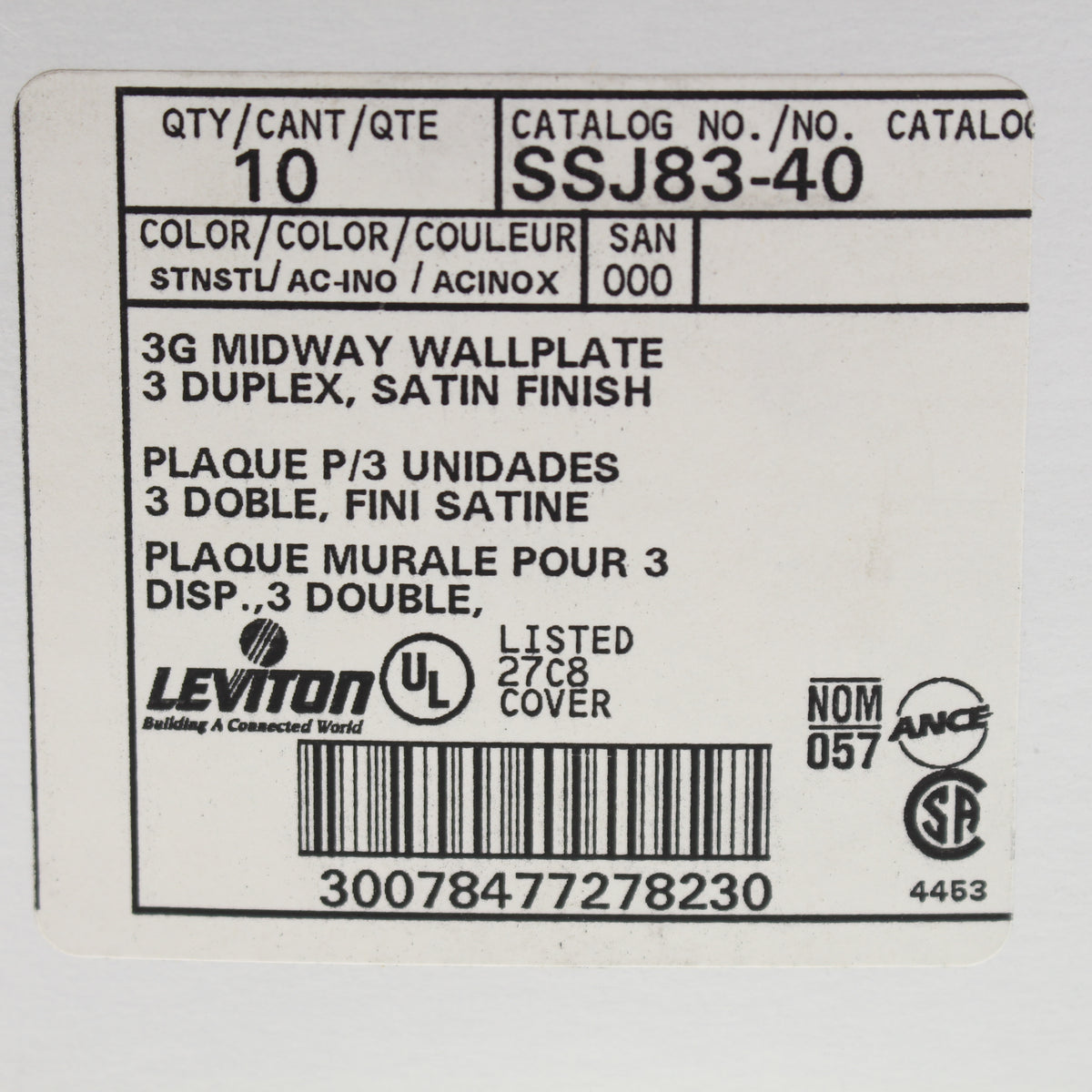 10 Leviton Non-Mag Stainless Steel Midway 3-Gang Receptacle Wallplates SSJ83-40