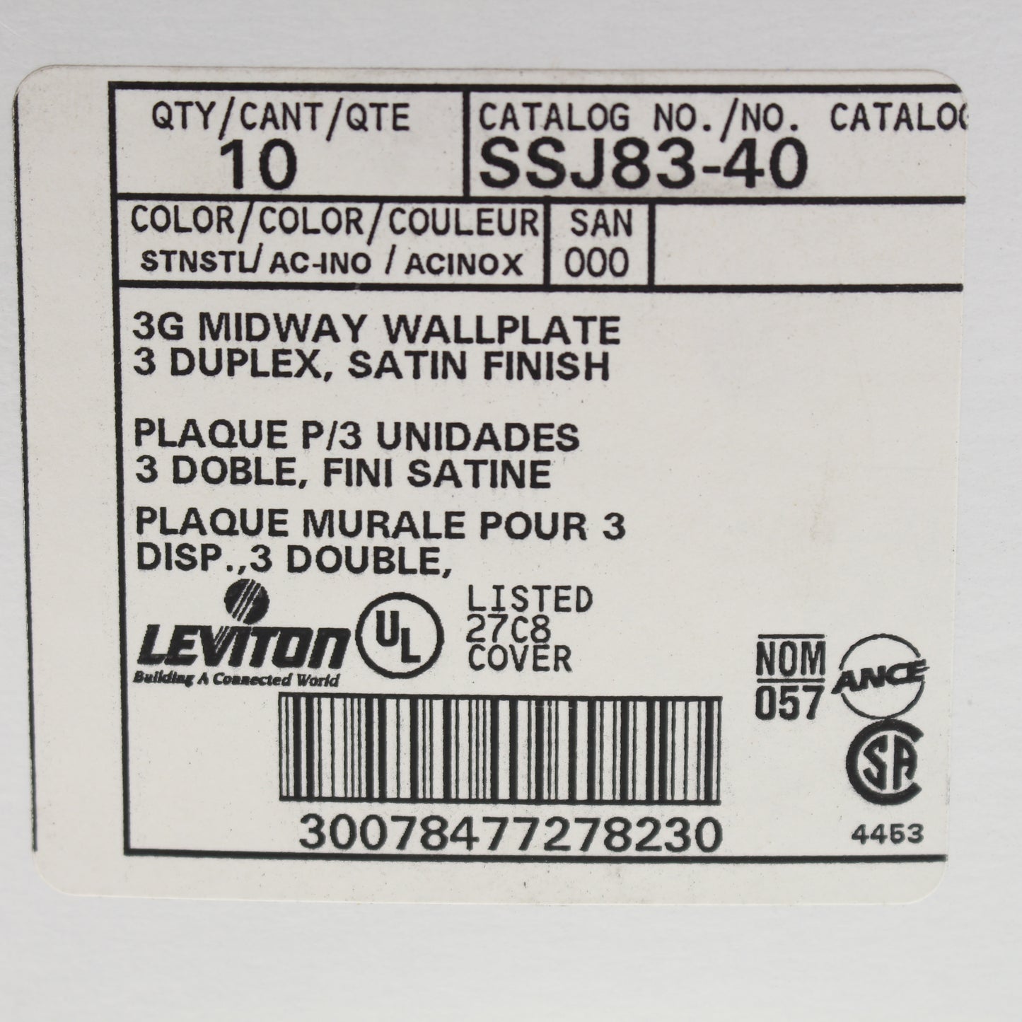 10 Leviton Non-Mag Stainless Steel Midway 3-Gang Receptacle Wallplates SSJ83-40