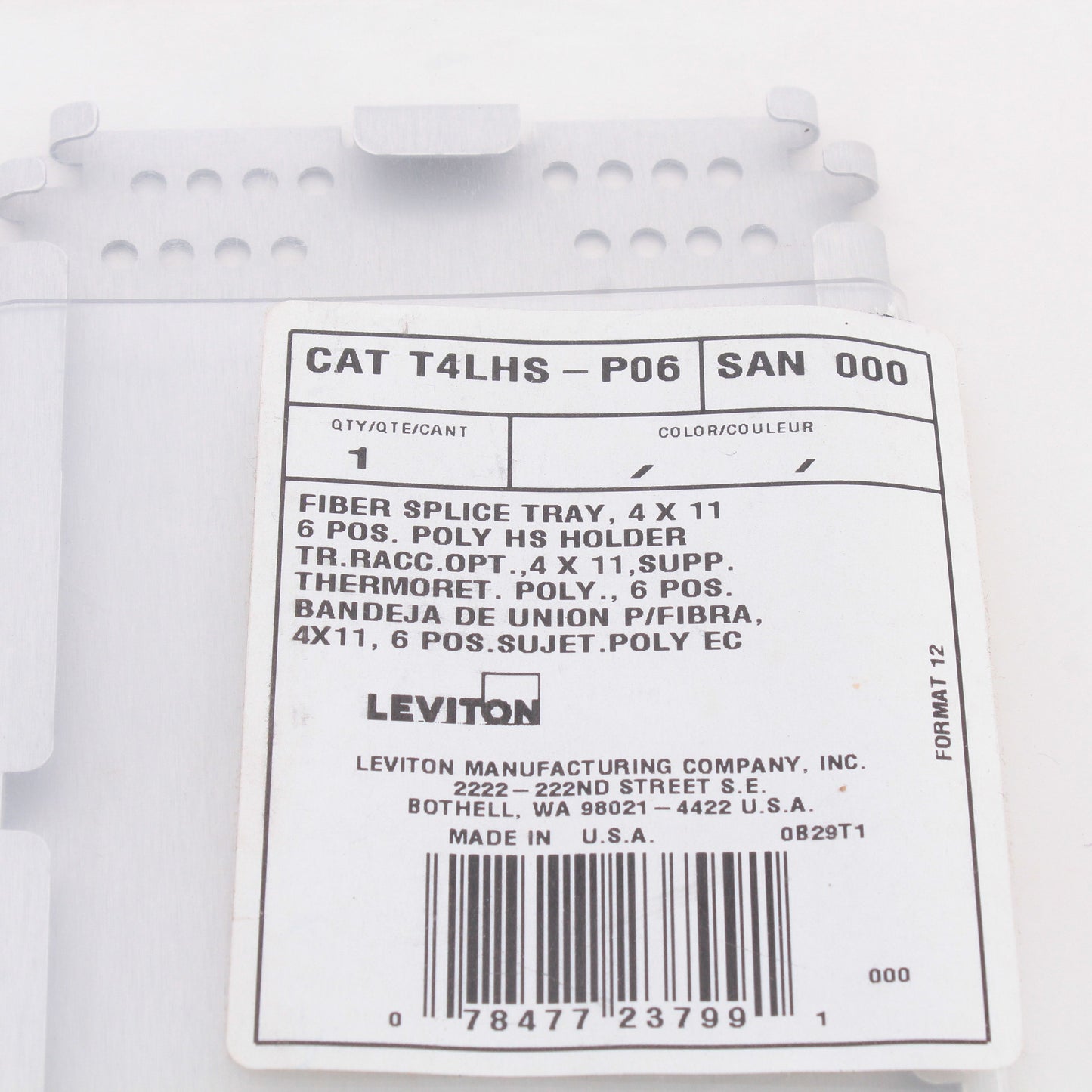 Leviton Fiber Optic 4" x 11.75" Universal Splice Tray T4LHS-P06