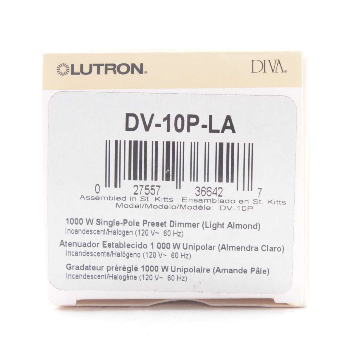 Lutron Light Almond 1-Pole Preset On/Off Dimmer Rocker Switch 1000W DV-10P-LA