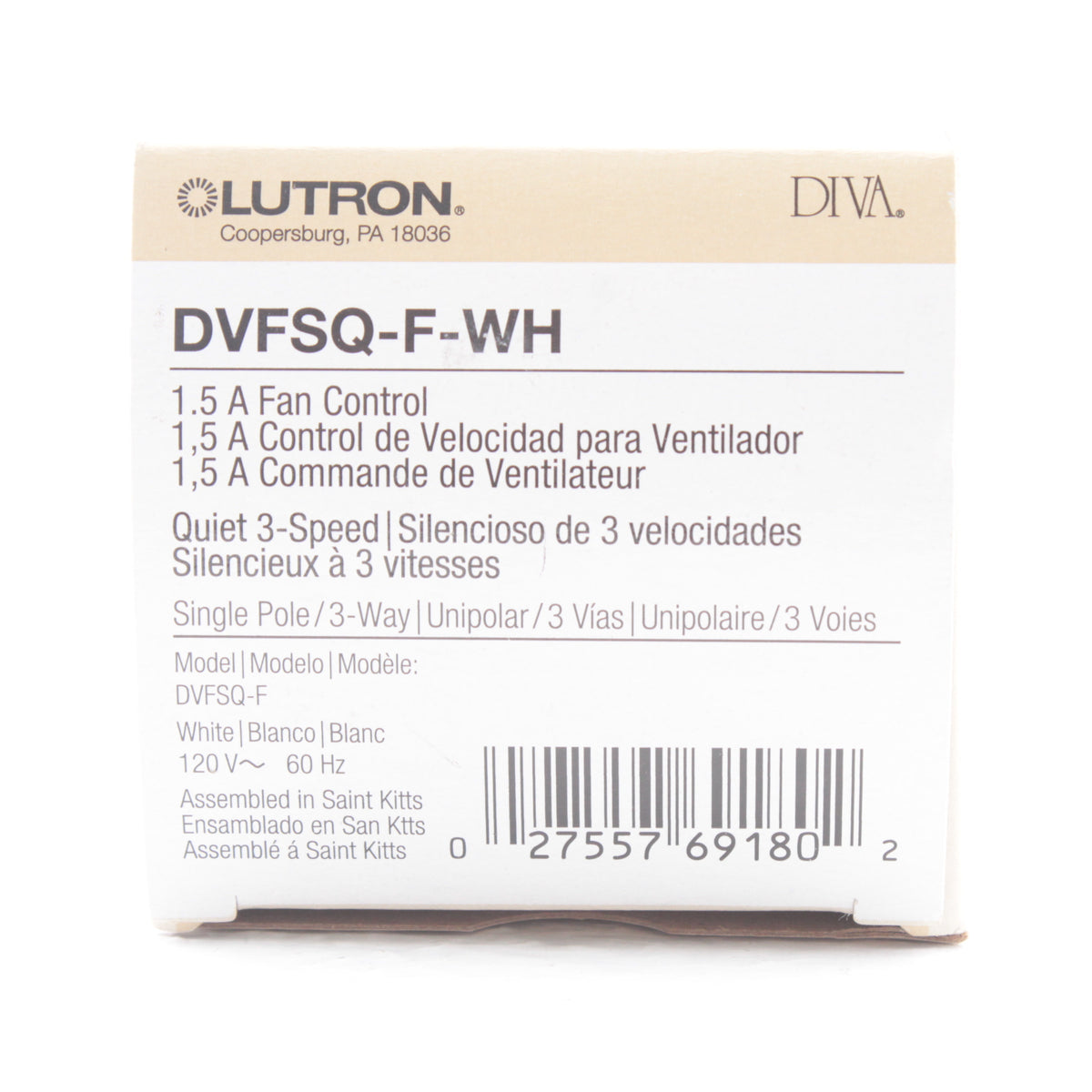 Lutron Diva White 1.5A 3-Way Single Pole 3-Speed ON/OFF Fan Control DVFSQ-F-WH