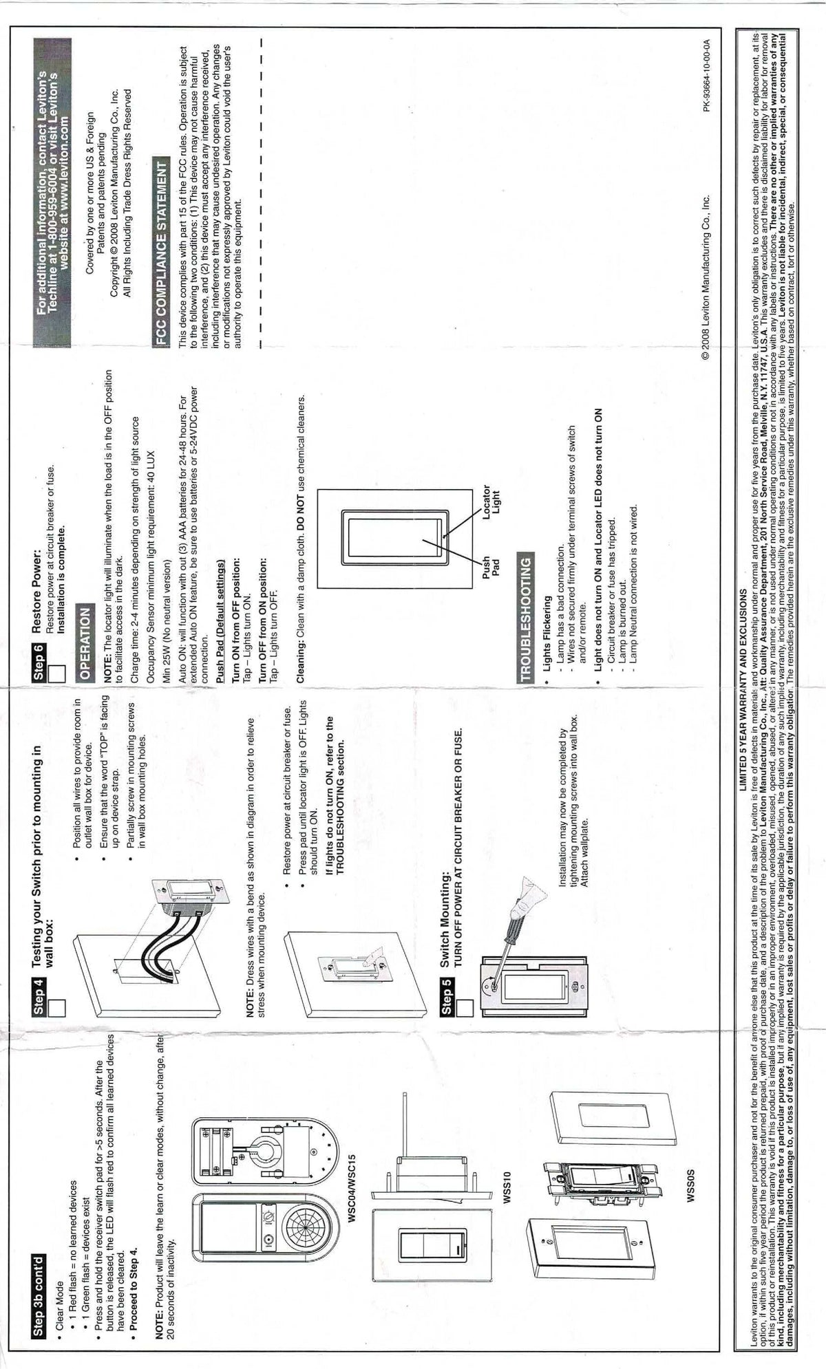 Leviton WSC04-I0W White RF Wireless Self-PoweRed Occupancy Sensor 450 Sq Feet