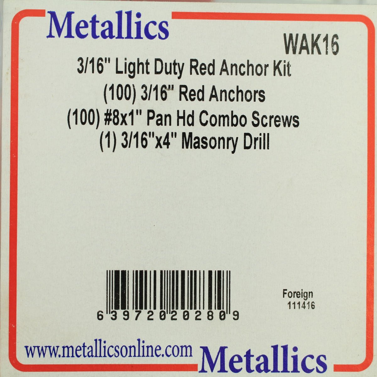 100PK Metallics 3/16" Light Duty Red Anchor Kit w/ Pan Head Combo Screw WAK16KIT