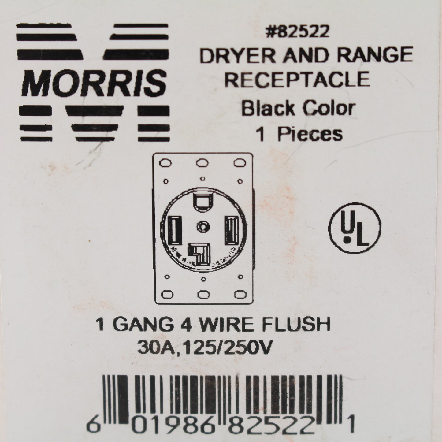Morris 82522 Black 30A Flush Dryer Range Receptacle Outlet 4-Wire 125/250V