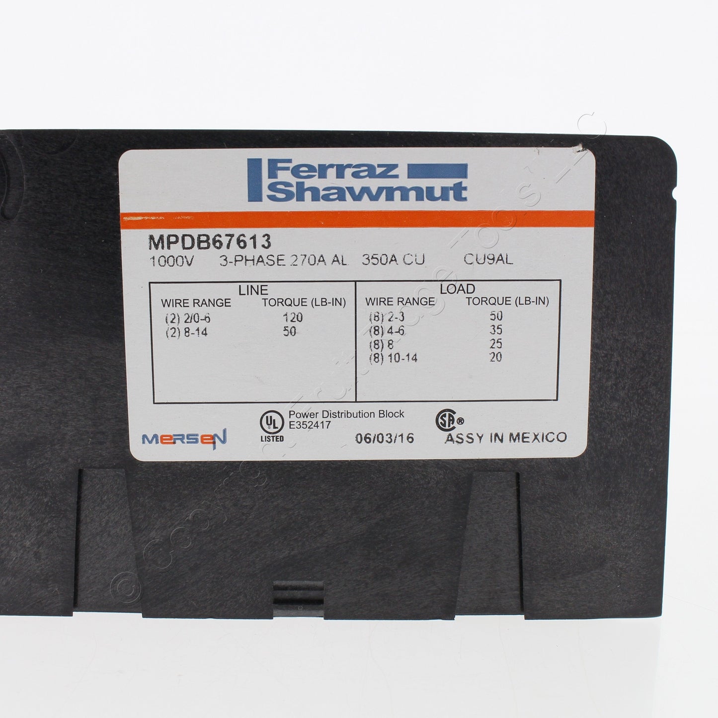 Mersen MPDB67613 Open-Style Power Distribution Blocks 3 Phase