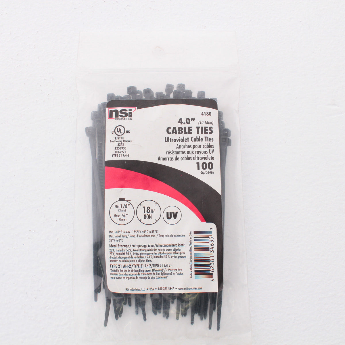 NSI 4180 4" Black Cable Tie 18Lb Tensile Strength 100 Pack